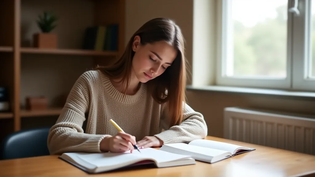 Skaista sieviete ar grāmatu klāpī un piezīmju grāmatiņu, mājā studējošā valodas vārdnīcu